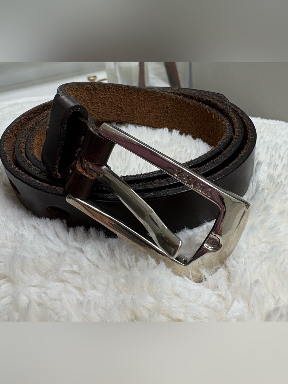 Women Classic Dark Brown Leather Belt with Silver Buckle